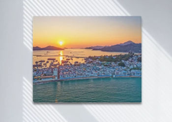 Cheung Chau sunset by drone Framed Canvas Print 20×16 inches
