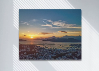 Sunset over Cheung Chau – and Lantau – by drone Framed Canvas Print 20×16 inches