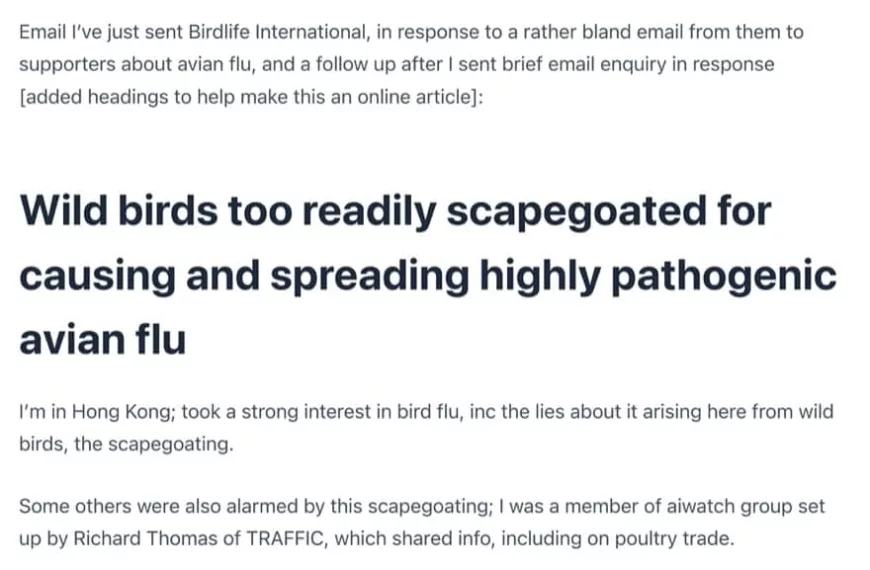 On highly pathogenic avian flu issue, Birdlife should be voice of wild birds not defer to poultry industry
